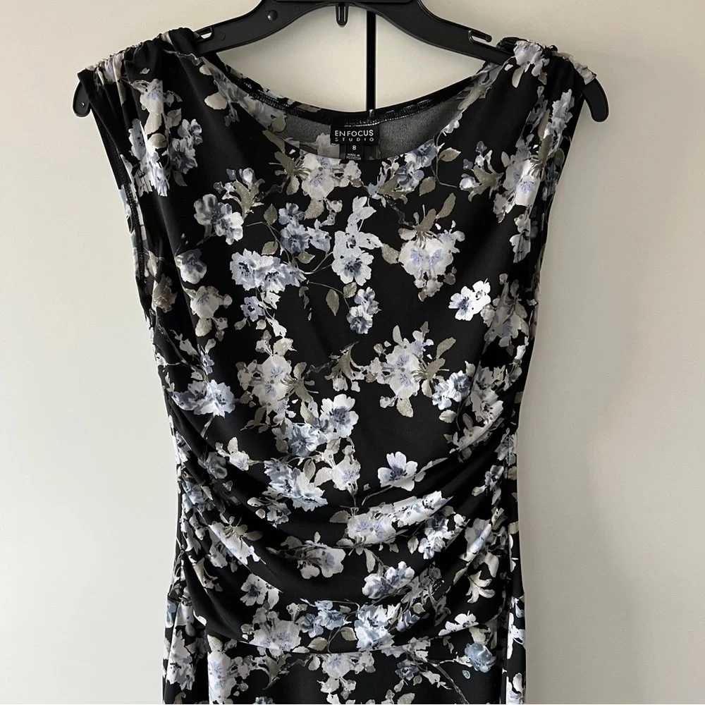 Vintage Floral Ruched Midi Dress Black Blue White Cap Sleeve 90s Cottagecore SM - Picture 5 of 9